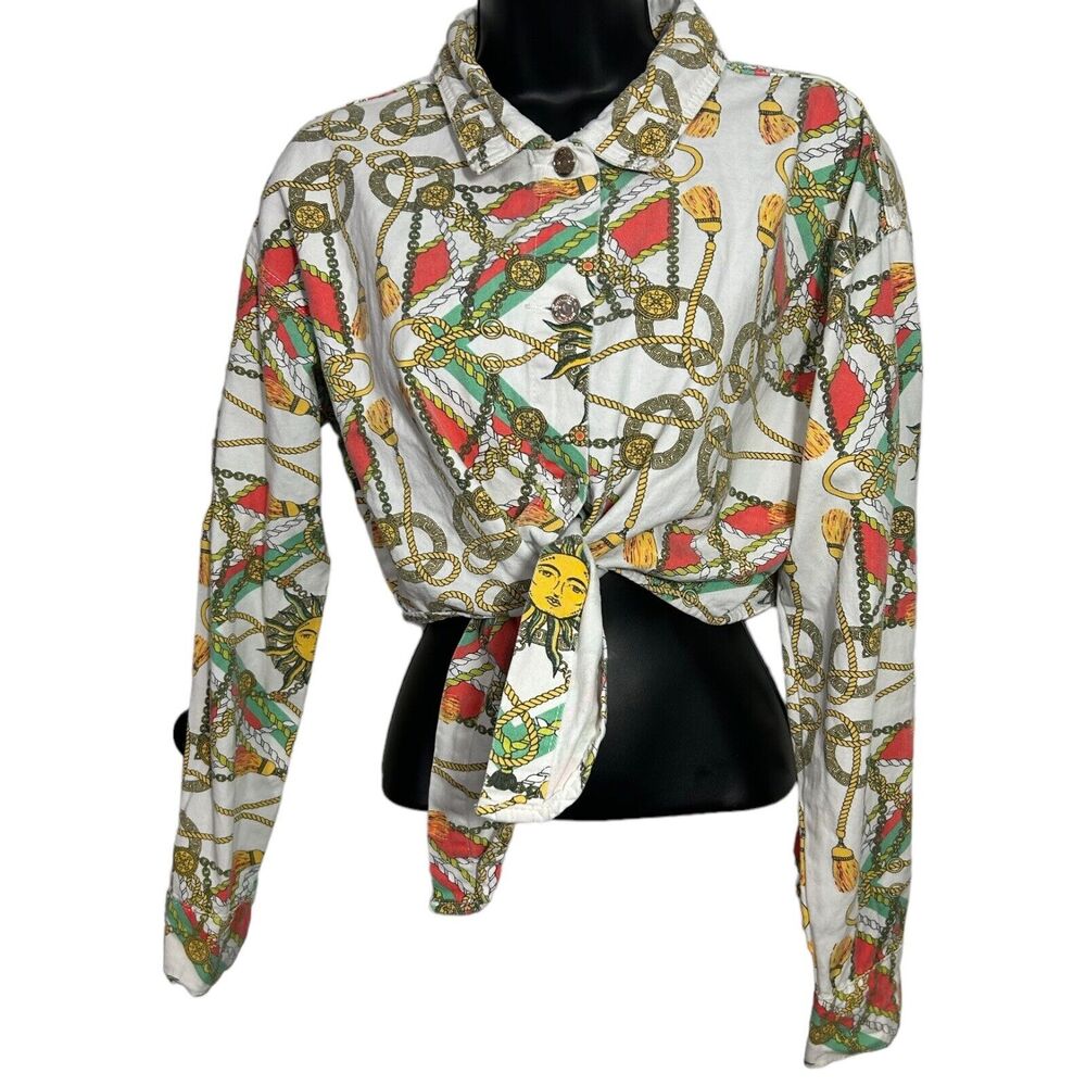 Missguided Chain Print Cropped Button Up Shirt Tie Front Long Sleeve US 6